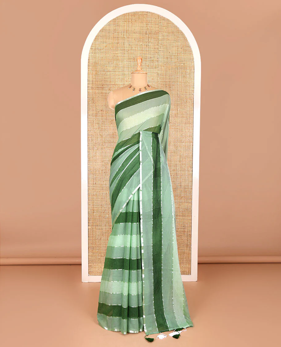 Green ombre-colored striped khadi mul cotton saree, zari piping border, striped pallu, and a matching striped blouse - Image 2
