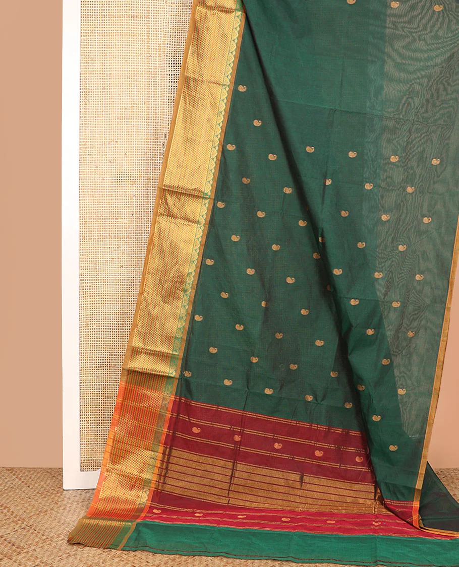 Green paisley buttas Venkatagiri cotton saree, contrast traditional zari design border, and zari striped pallu - Image 2