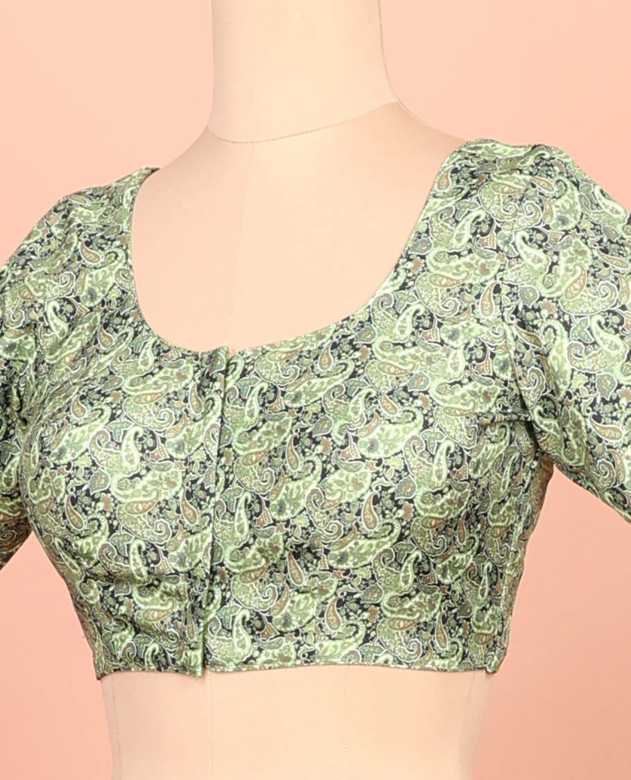 Green paisleys printed front-back round-neck elbow sleeve readymade blouse - Image 2