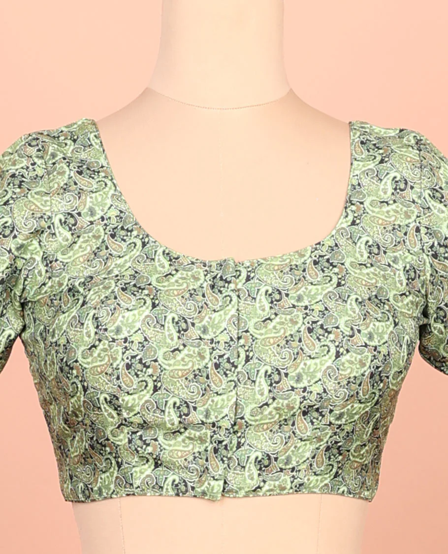 Green paisleys printed front-back round-neck elbow sleeve readymade blouse - Image 3