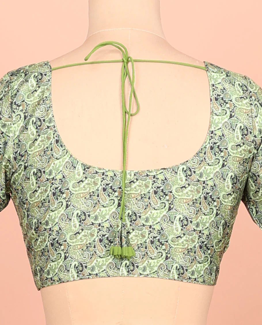 Green paisleys printed front-back round-neck elbow sleeve readymade blouse - Image 4