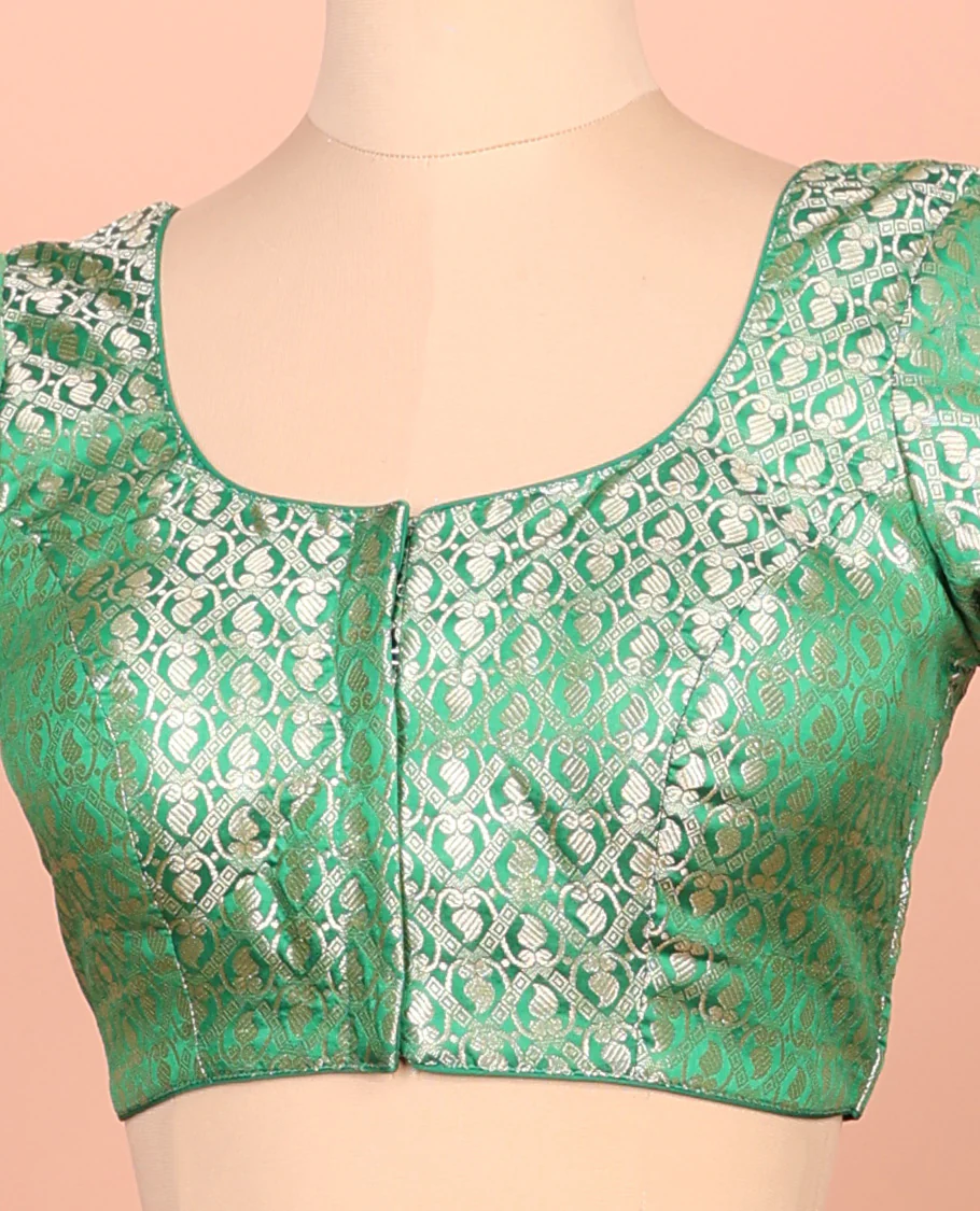 Green paisleys-theme jacquard front-back round neck elbow-sleeve readymade blouse - Image 2
