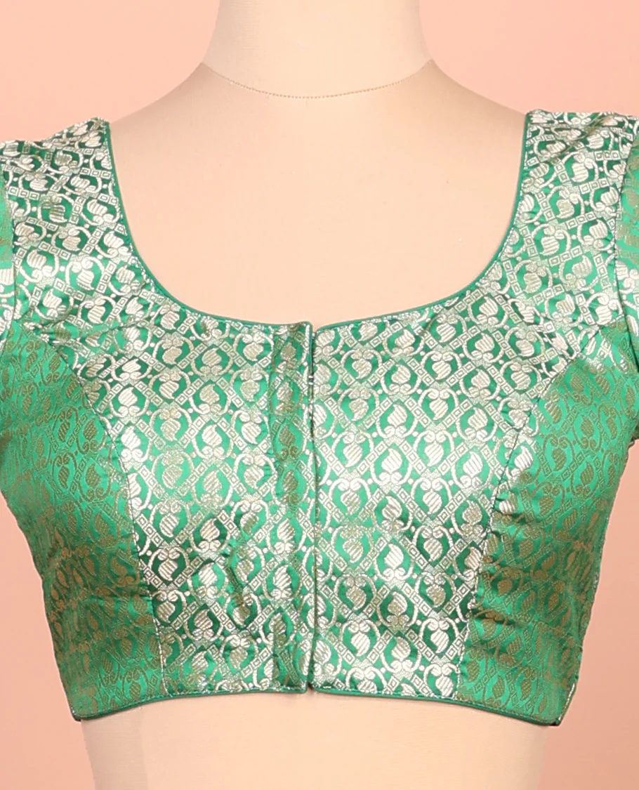 Green paisleys-theme jacquard front-back round neck elbow-sleeve readymade blouse - Image 3