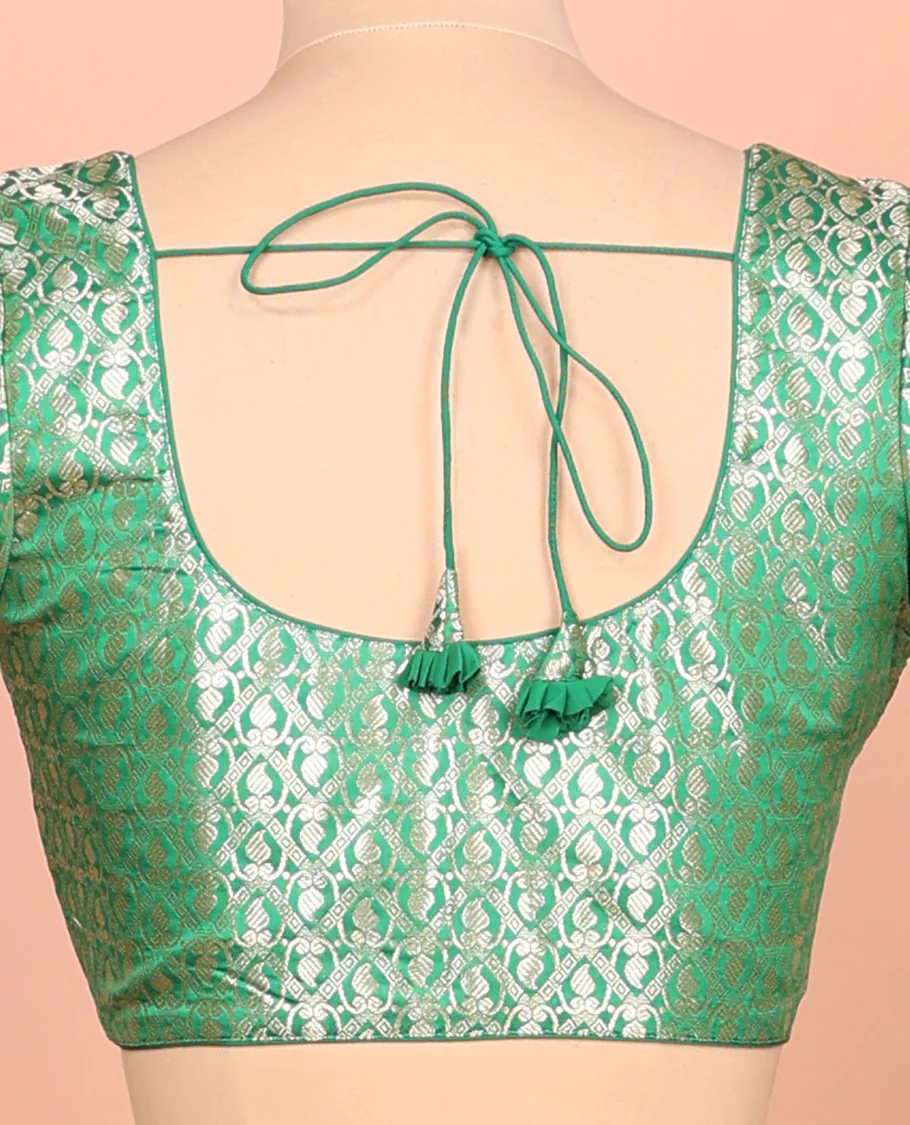 Green paisleys-theme jacquard front-back round neck elbow-sleeve readymade blouse - Image 4