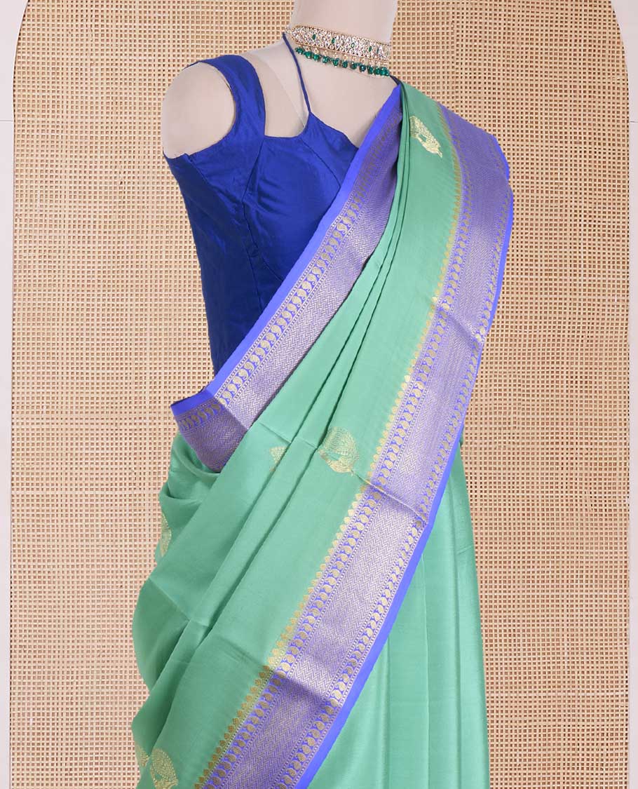 Green peacock buttas Mysore silk saree, contrast traditional zari design border, and intricate pallu - Image 3