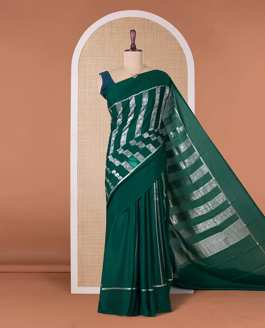 Green peacock, elephant, and floral creeper striped Mysore silk saree, self-border, and pallu of kanchipuram inspired flora-fauna designs - Image 2
