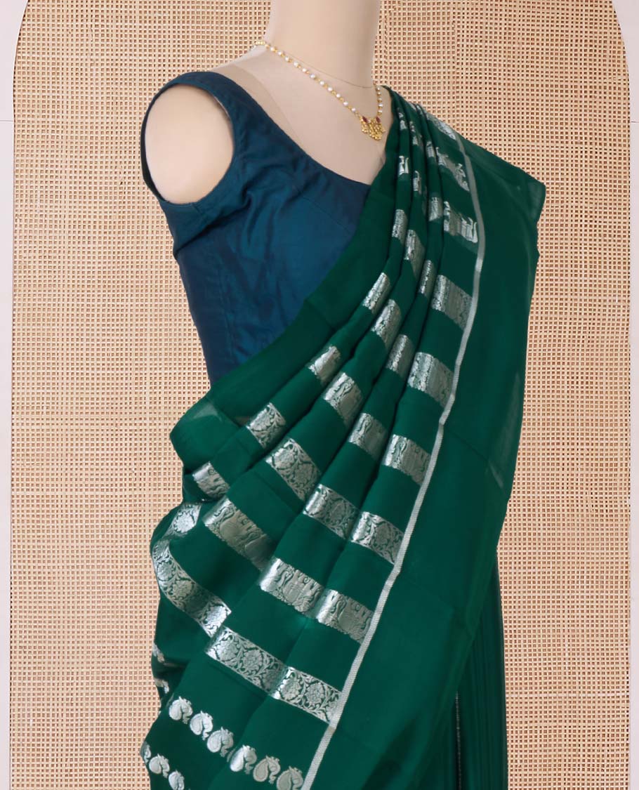 Green peacock, elephant, and floral creeper striped Mysore silk saree, self-border, and pallu of kanchipuram inspired flora-fauna designs - Image 3