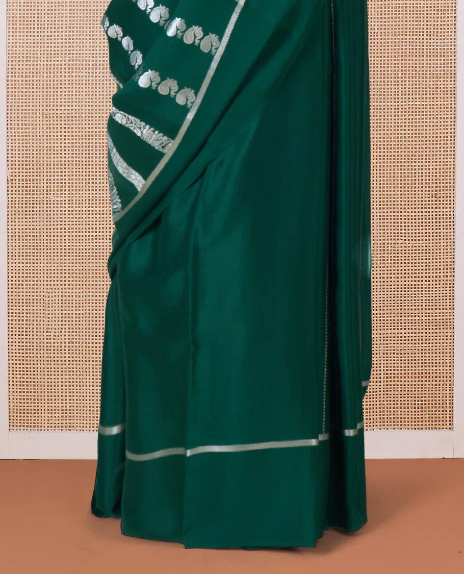 Green peacock, elephant, and floral creeper striped Mysore silk saree, self-border, and pallu of kanchipuram inspired flora-fauna designs - Image 4