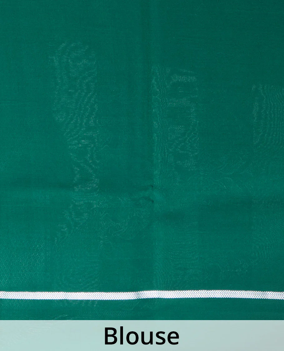 Green peacock, elephant, and floral creeper striped Mysore silk saree, self-border, and pallu of kanchipuram inspired flora-fauna designs - Image 5