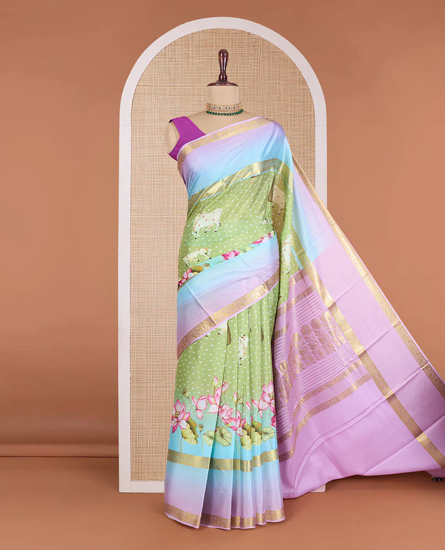 Green pichwai cow and lotus vine printed Mysore silk saree, contrast ombre-styled traditional zari design border, and floral design pallu - Image 2