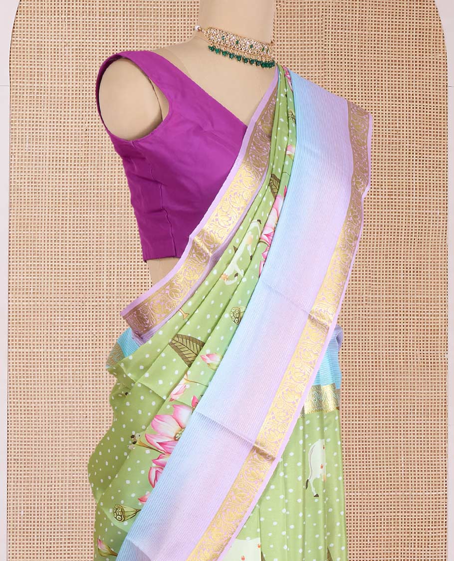 Green pichwai cow and lotus vine printed Mysore silk saree, contrast ombre-styled traditional zari design border, and floral design pallu - Image 3