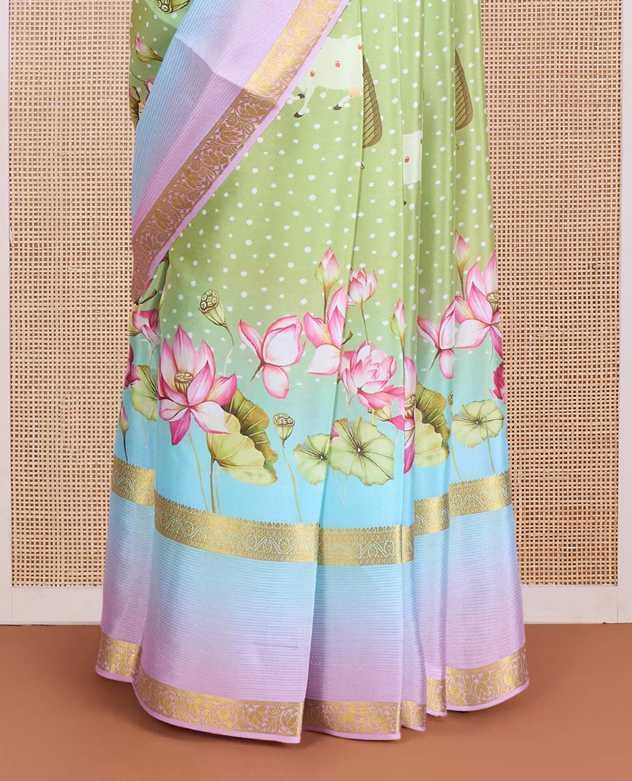Green pichwai cow and lotus vine printed Mysore silk saree, contrast ombre-styled traditional zari design border, and floral design pallu - Image 4