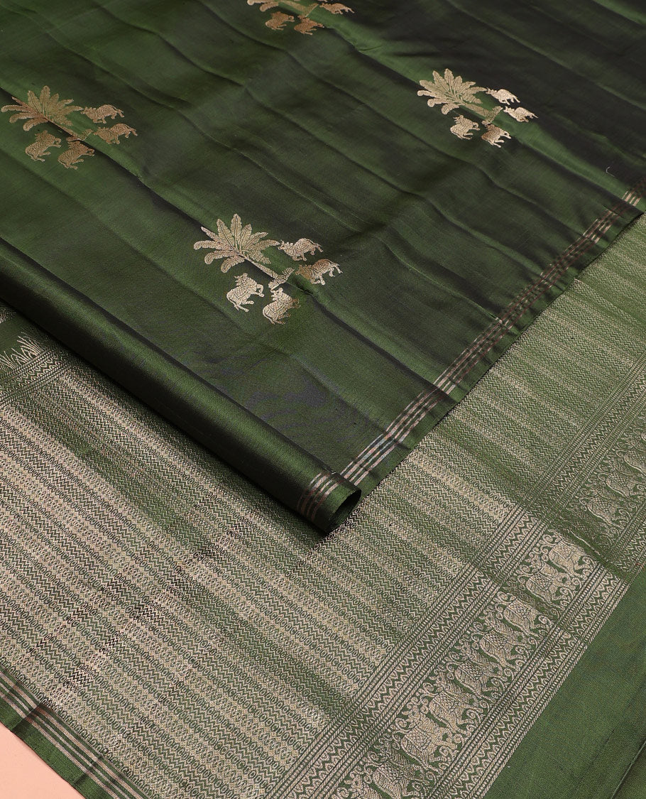 Green pichwai cow motifs Mayuri soft silk saree, zari piping border, and pallu of geometric designs - Image 2