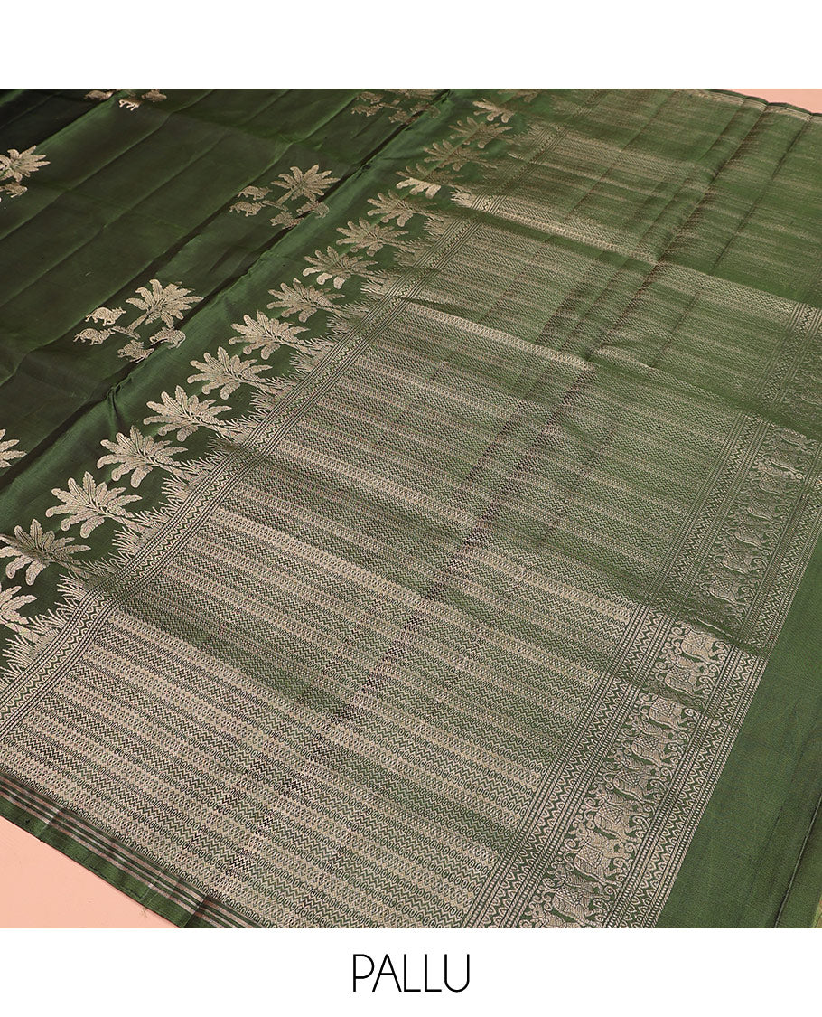 Green pichwai cow motifs Mayuri soft silk saree, zari piping border, and pallu of geometric designs - Image 5