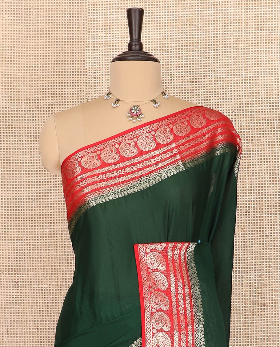 Green plain art mysore silk saree, contrast traditional zari border of paisleys, and zari design pallu - Image 3