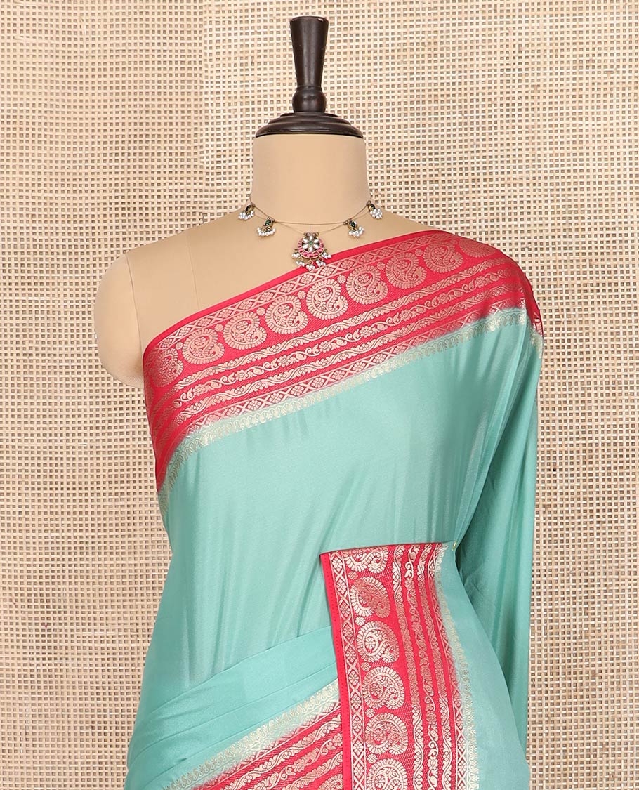 Green plain art mysore silk saree, contrast traditional zari design border, and zari design pallu - Image 3