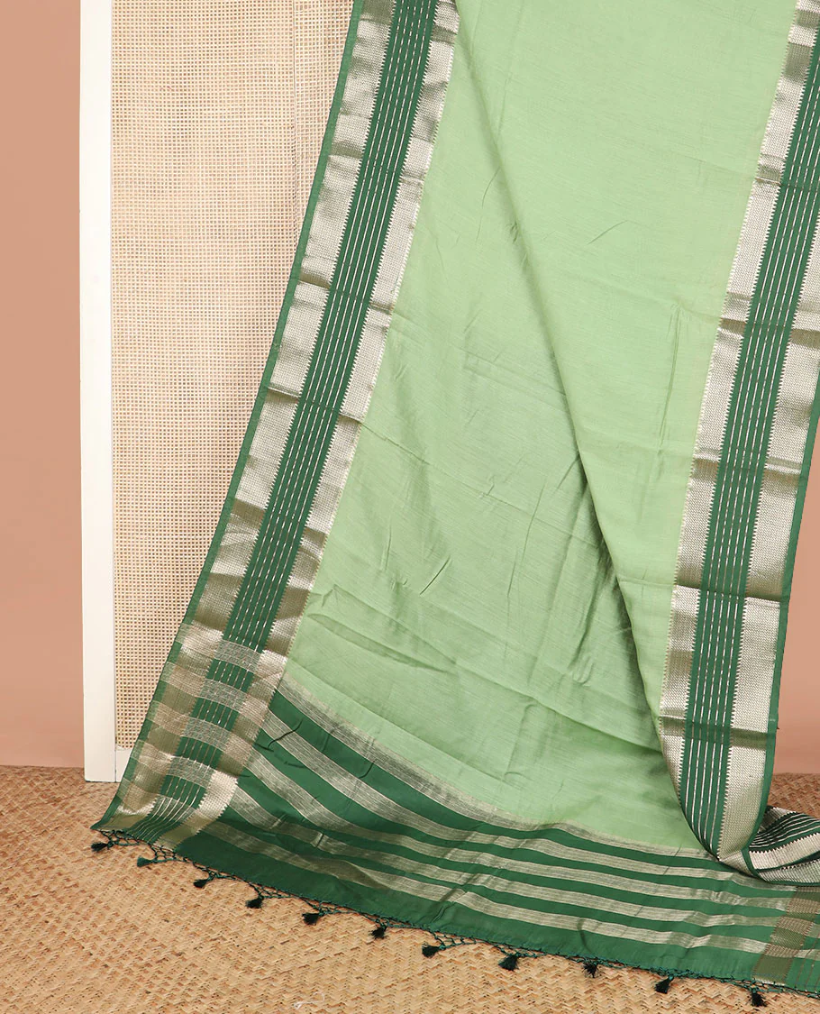 Green plain assam silk saree, contrast traditional zari border, and pallu of zari stripes - Image 2