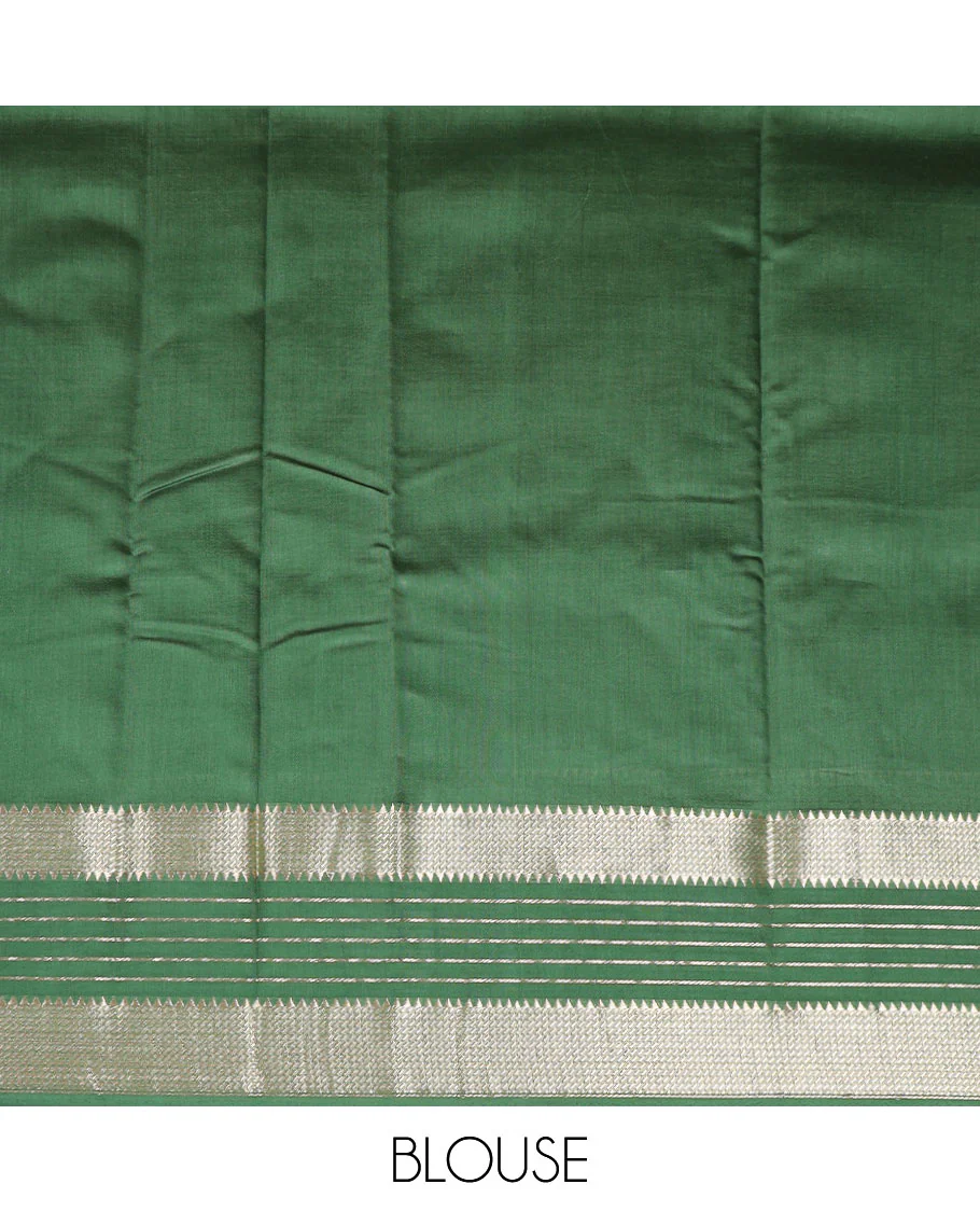 Green plain assam silk saree, contrast traditional zari border, and pallu of zari stripes - Image 3