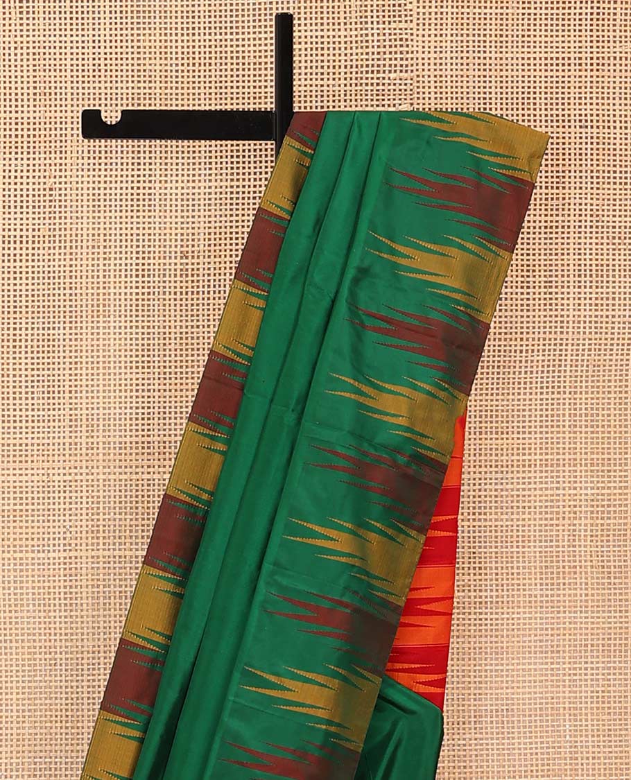 Green plain Bangalore silk saree, contrast temple border, and pallu of temple designs - Image 3