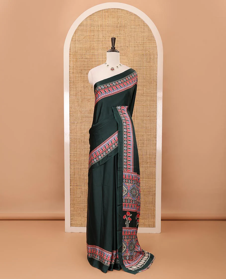 Green plain design modal satin saree, Ajrakh printed border, floral-Ajrakh printed pallu & Ajrakh printed blouse - Image 2