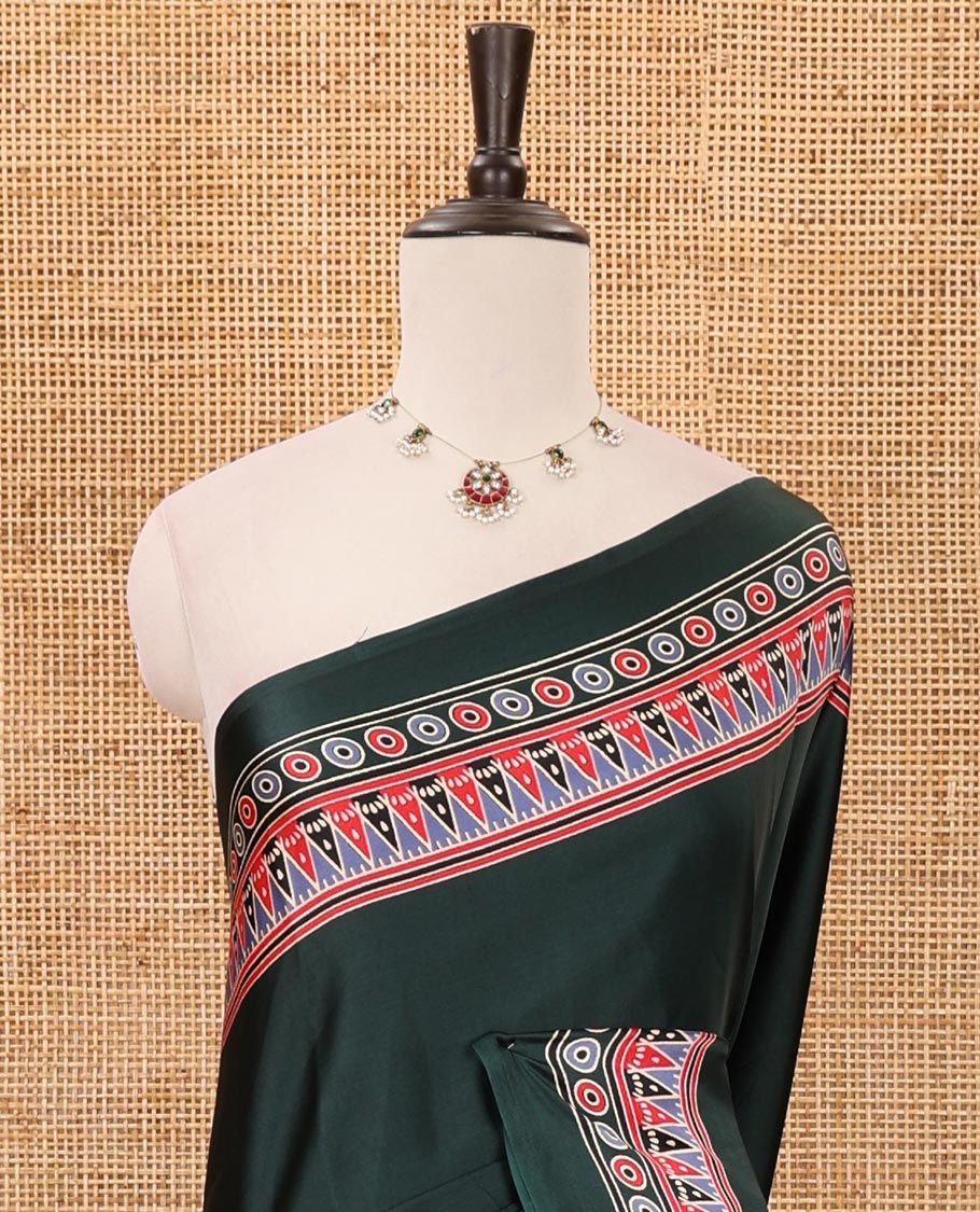 Green plain design modal satin saree, Ajrakh printed border, floral-Ajrakh printed pallu & Ajrakh printed blouse - Image 3