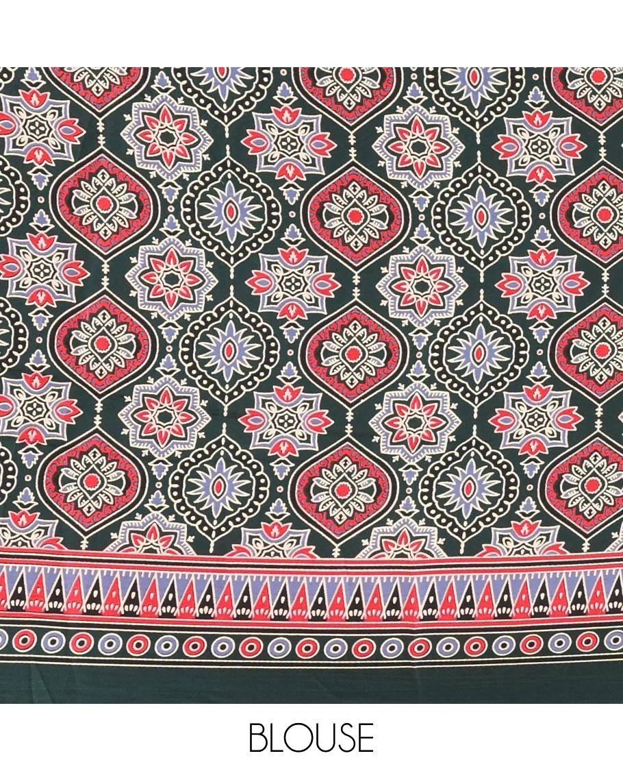 Green plain design modal satin saree, Ajrakh printed border, floral-Ajrakh printed pallu & Ajrakh printed blouse - Image 4