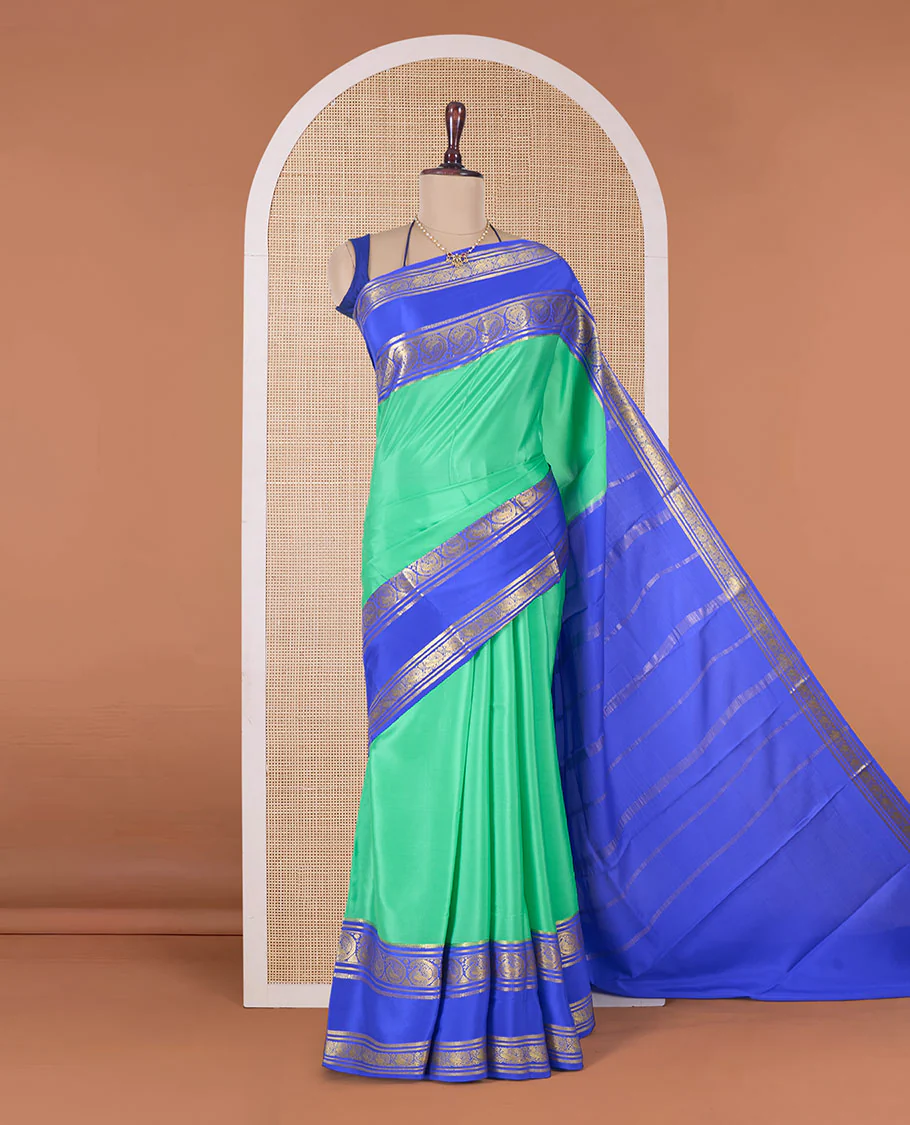 Green plain design Mysore silk saree, contrast rettai pettu traditional zari border, and zari striped pallu - Image 2