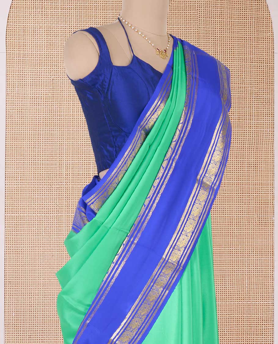 Green plain design Mysore silk saree, contrast rettai pettu traditional zari border, and zari striped pallu - Image 3