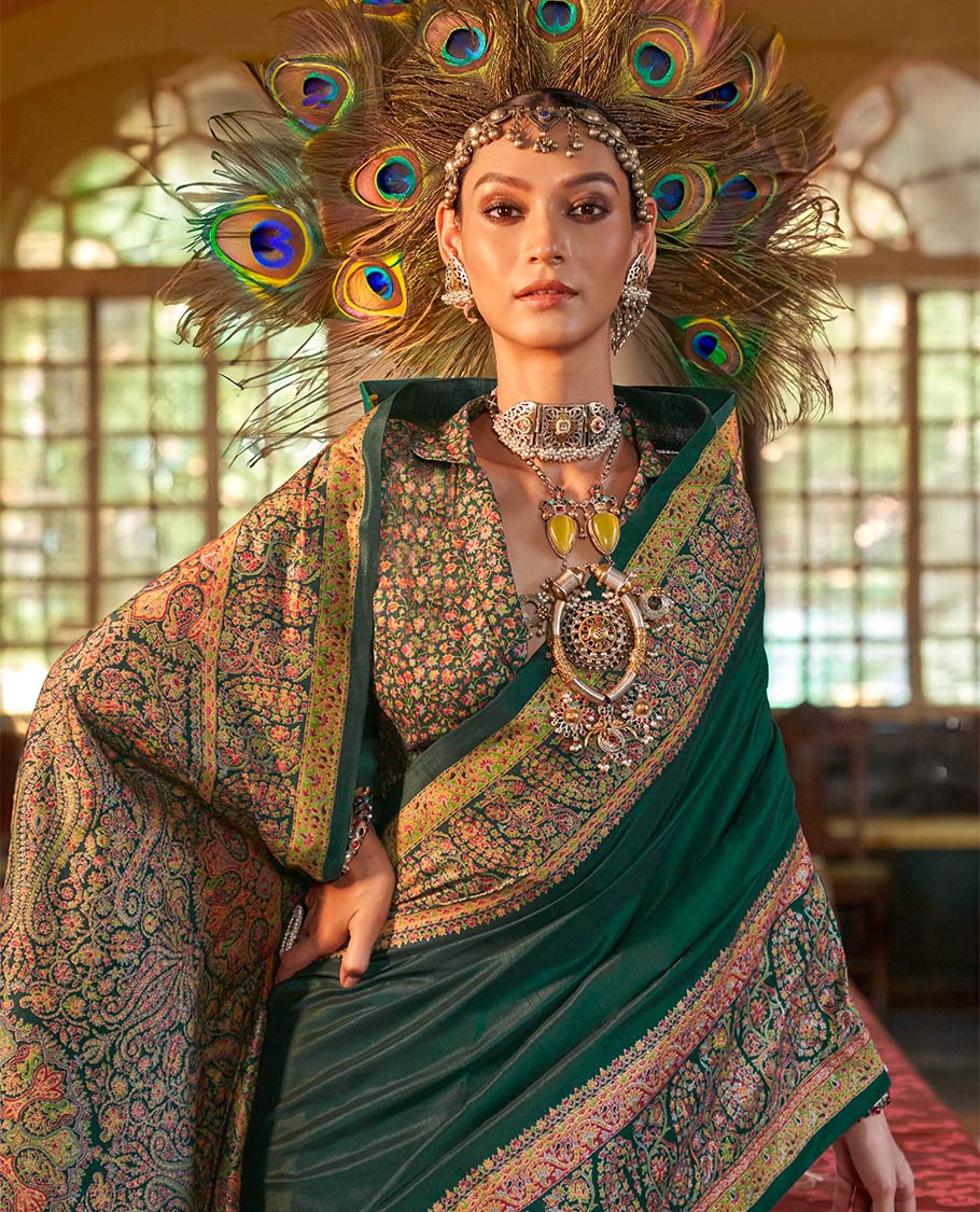 Green plain designer catalog saree, meenakari Mugla style floral and paisleys featured border and pallu - Image 2