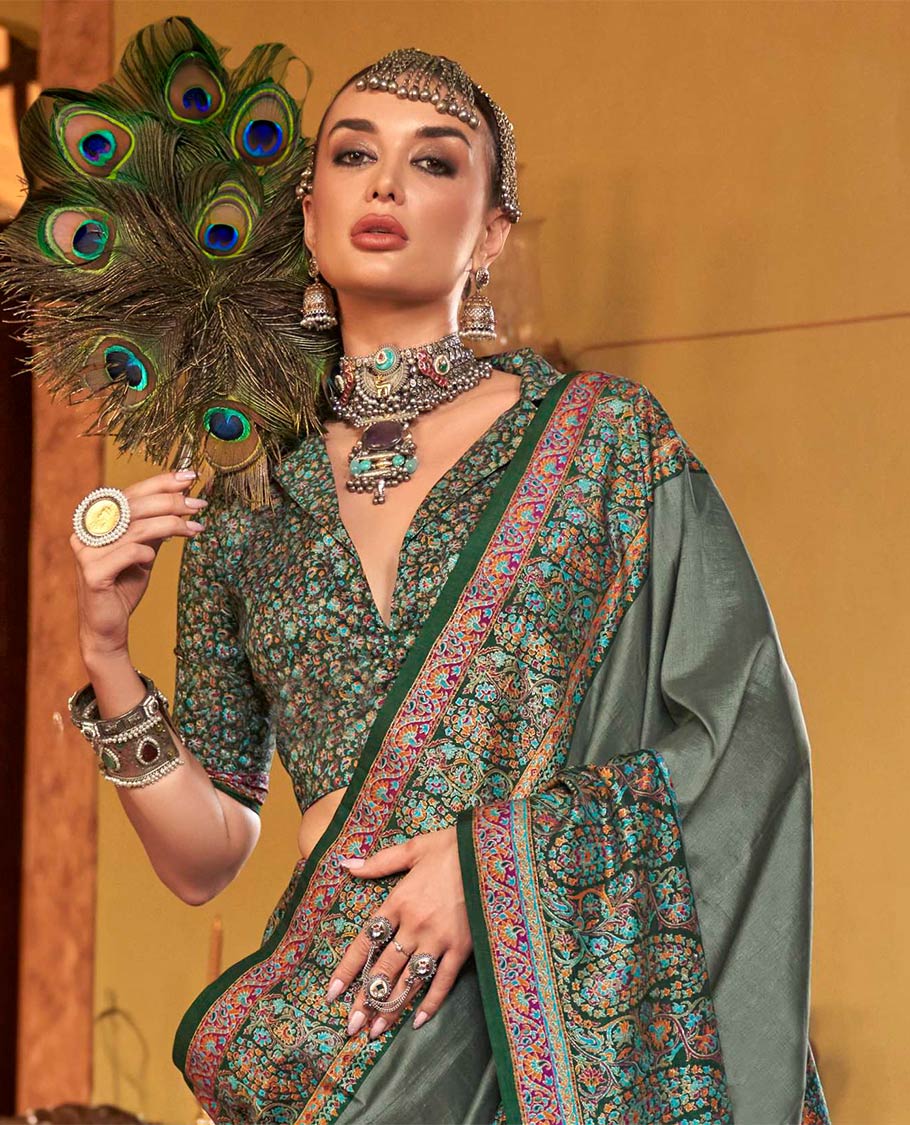 Green plain designer catalog saree, meenakari Mugla style floral and paisleys featured border and pallu - Image 2