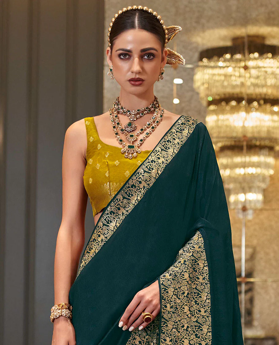 Green plain designer saree, self-border, and animal motifs woven pallu - Image 2