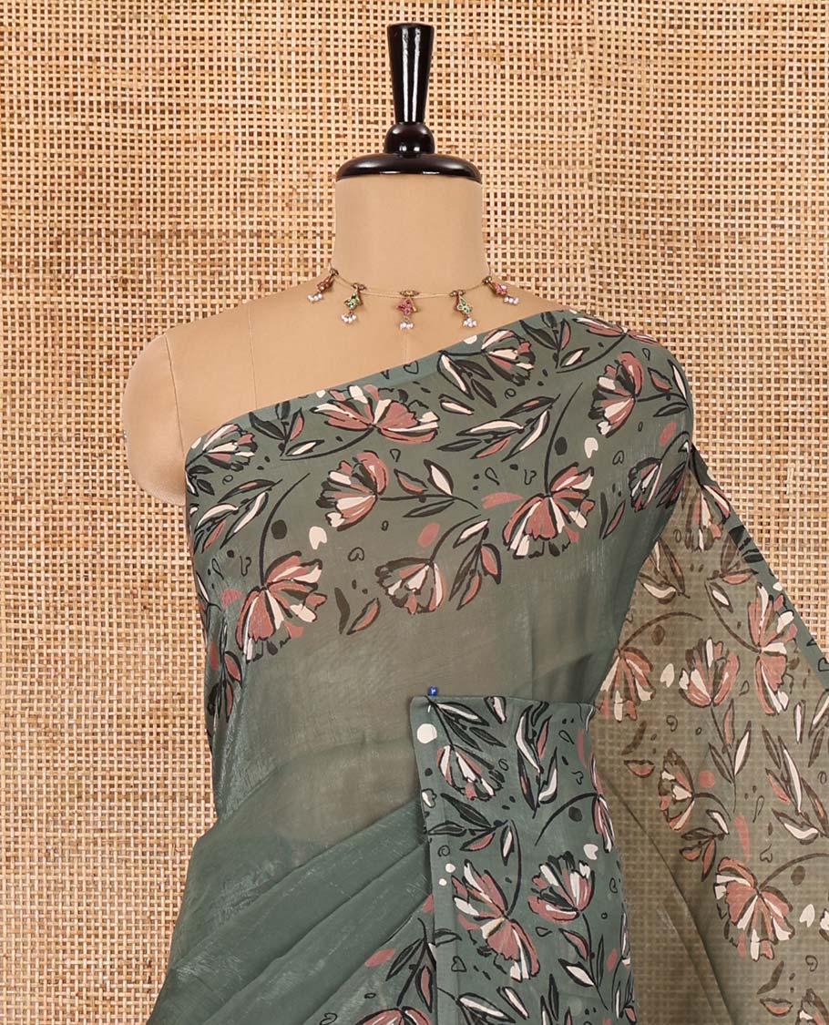 Green plain fendy chiffon saree, double-side floral motifs printed border, self-pallu, and no blouse - Image 2