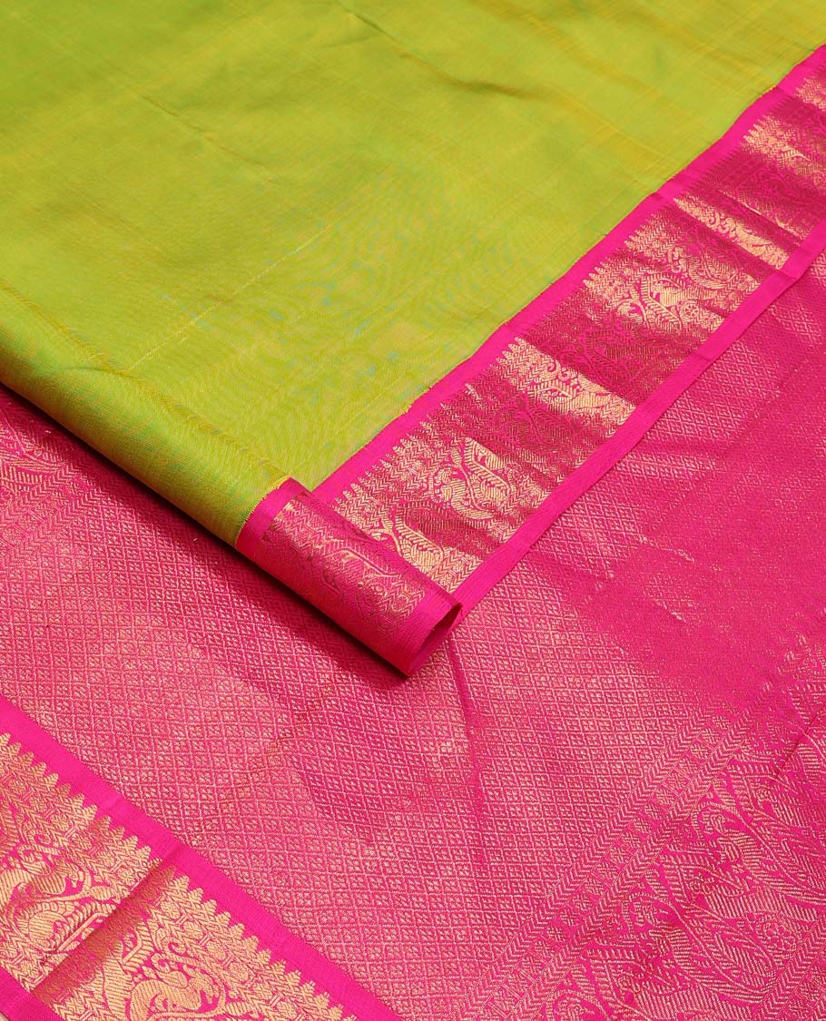 Green plain Kanchipuram korvai silk saree, contrast neer korvai border of thilakam mokku, kathir, poun, and mayil kann designs, and jaal pallu - Image 2