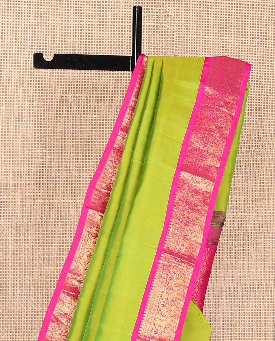 Green plain Kanchipuram korvai silk saree, contrast neer korvai border of thilakam mokku, kathir, poun, and mayil kann designs, and jaal pallu - Image 4