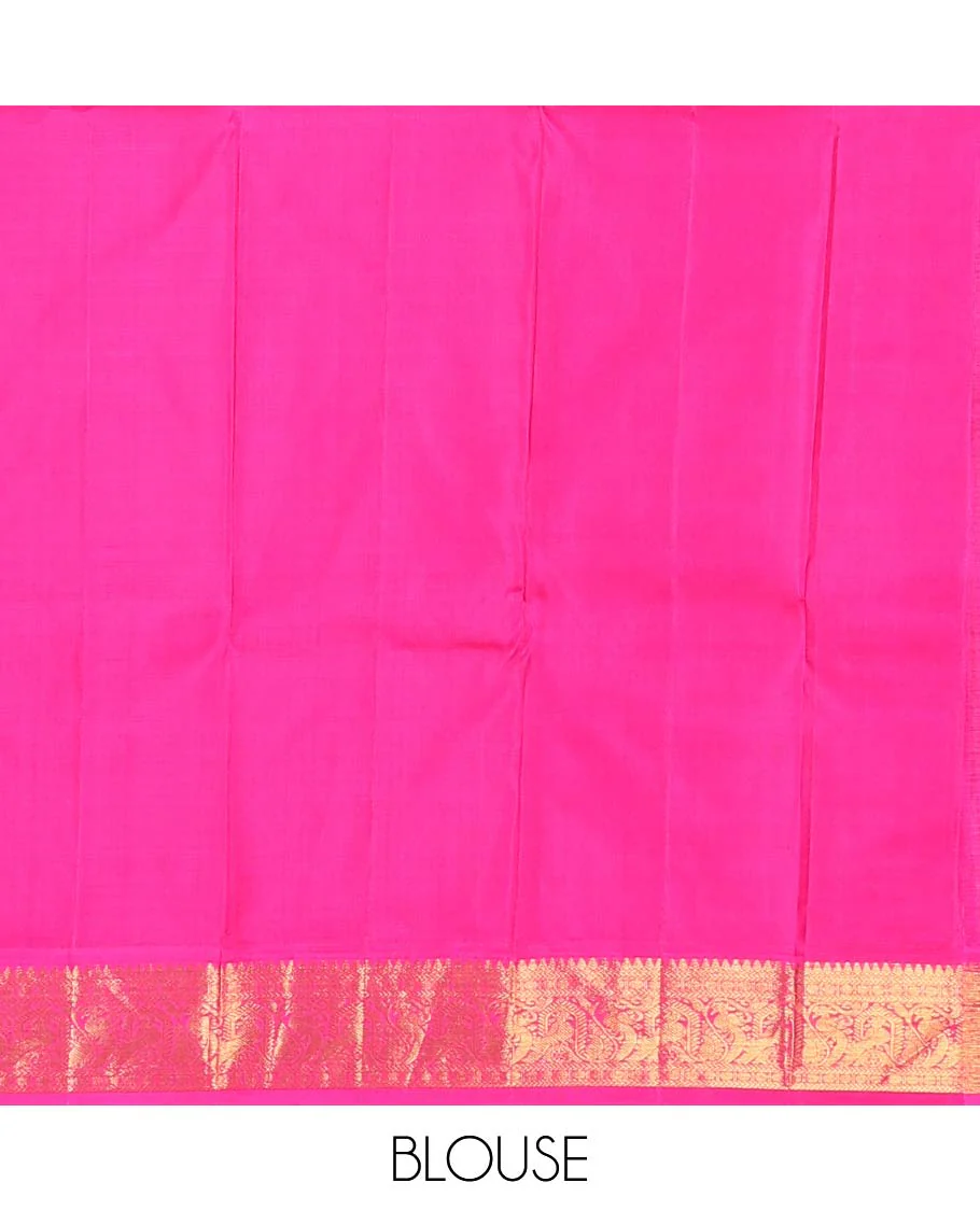 Green plain Kanchipuram korvai silk saree, contrast neer korvai border of thilakam mokku, kathir, poun, and mayil kann designs, and jaal pallu - Image 6