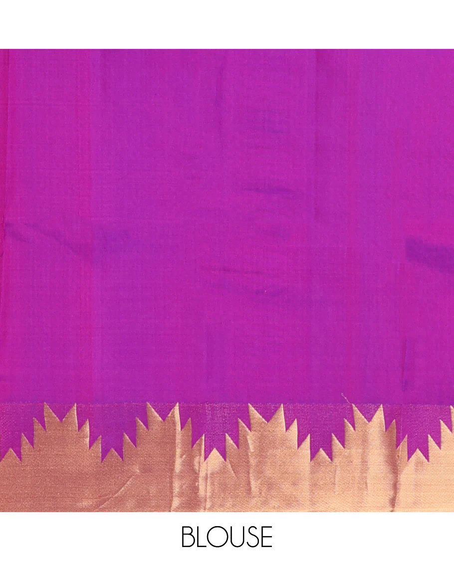 Rani pink plain Kanchipuram silk saree, thazampoo rekku zari border, and diagonally woven geometric patterned pallu - Image 6