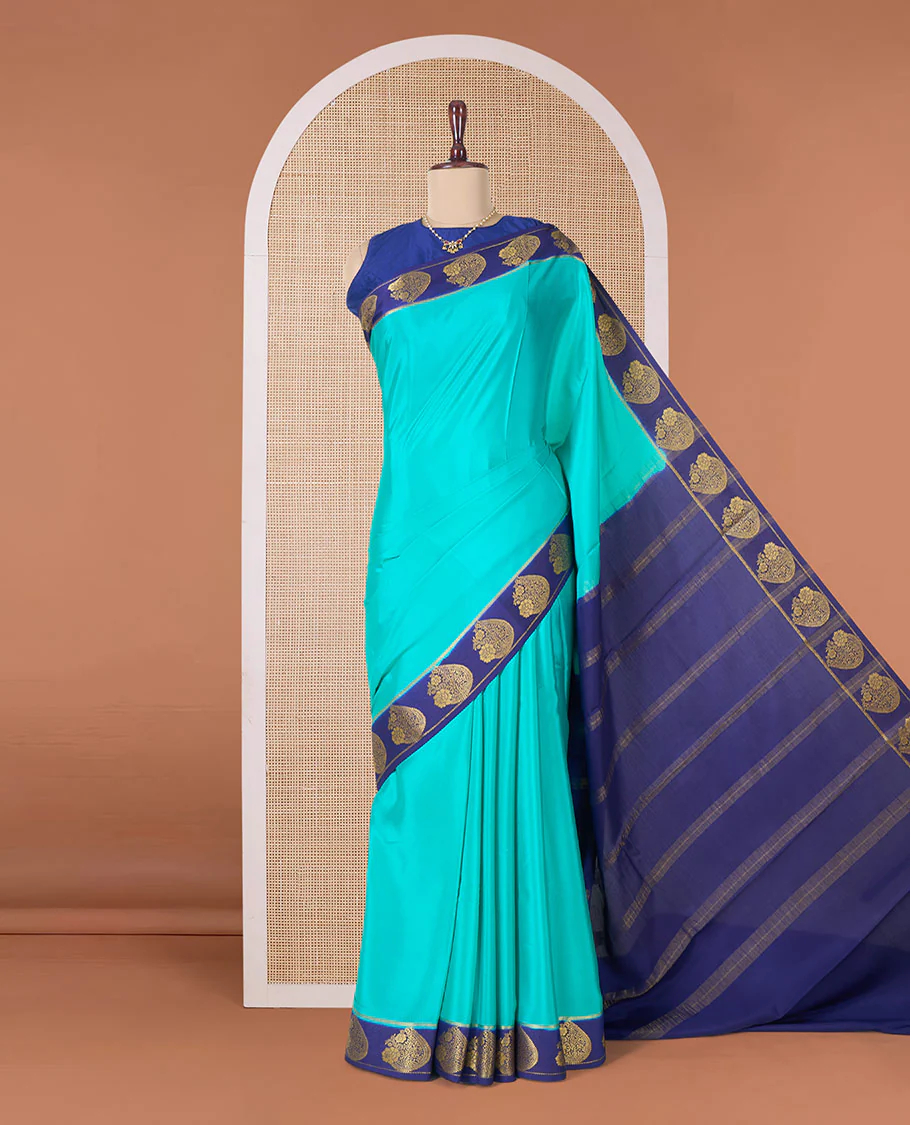 Green plain Mysore silk saree, contrast paisley motifs zari woven border, and pallu of zari stripes - Image 2