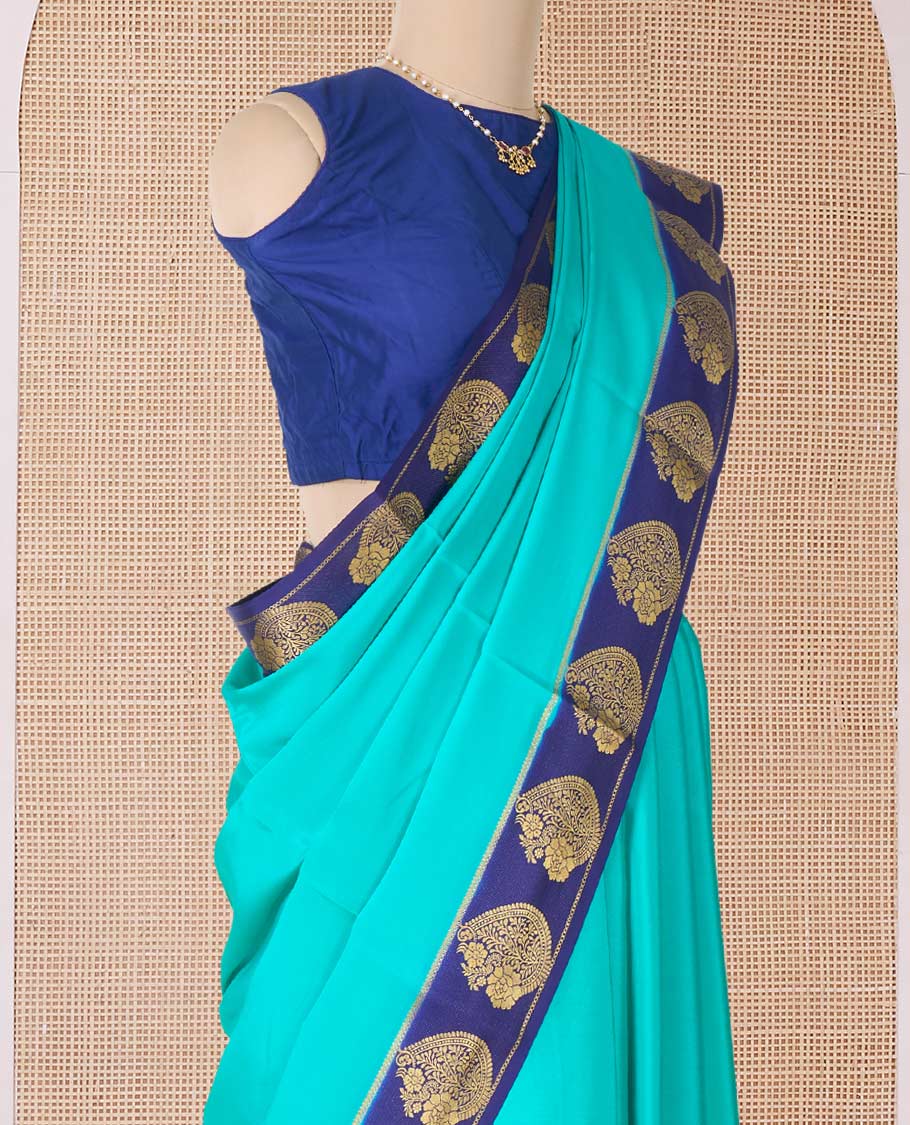 Green plain Mysore silk saree, contrast paisley motifs zari woven border, and pallu of zari stripes - Image 3