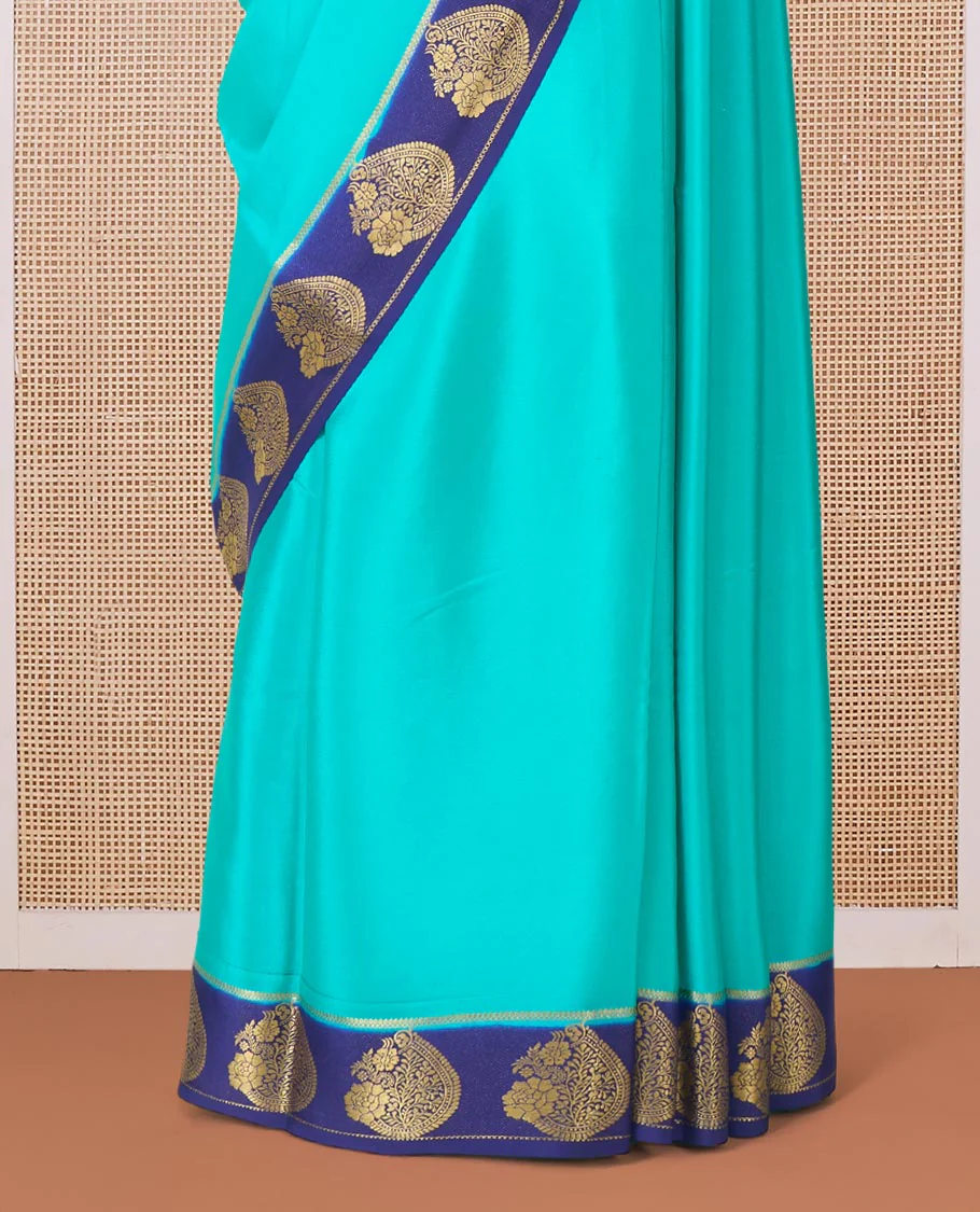 Green plain Mysore silk saree, contrast paisley motifs zari woven border, and pallu of zari stripes - Image 4