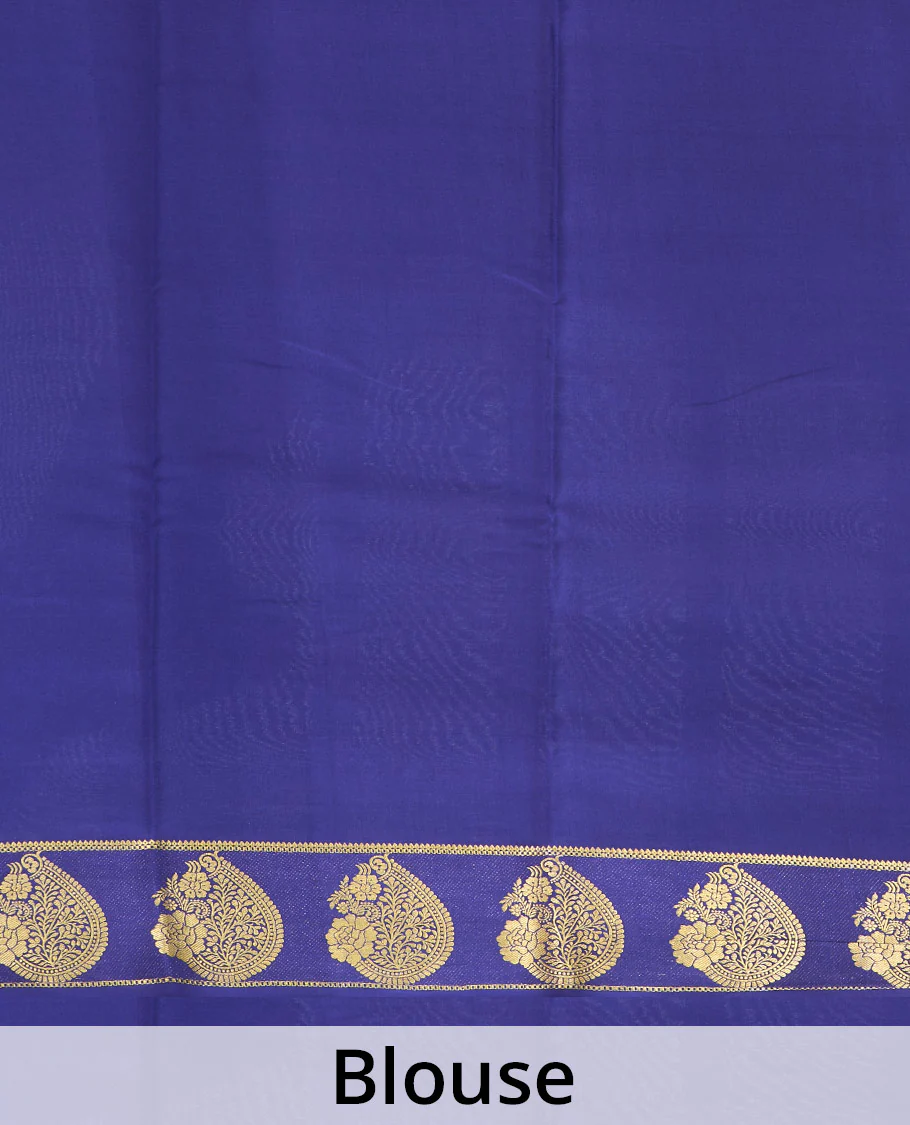 Green plain Mysore silk saree, contrast paisley motifs zari woven border, and pallu of zari stripes - Image 5