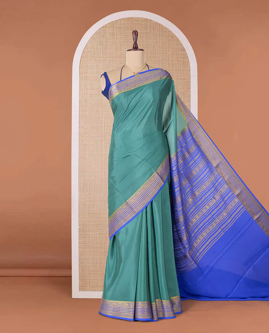 Green plain Mysore silk saree, contrast traditional zari border of Peacock and chakram and pallu of traditional designs - Image 2