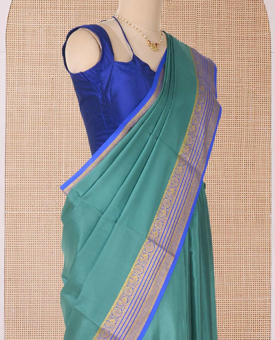 Green plain Mysore silk saree, contrast traditional zari border of Peacock and chakram and pallu of traditional designs - Image 3