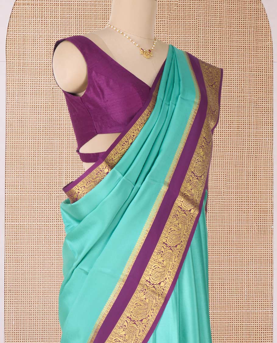 Green plain Mysore silk saree, contrast traditional zari rettai pettu border, and pallu of jaal design - Image 3