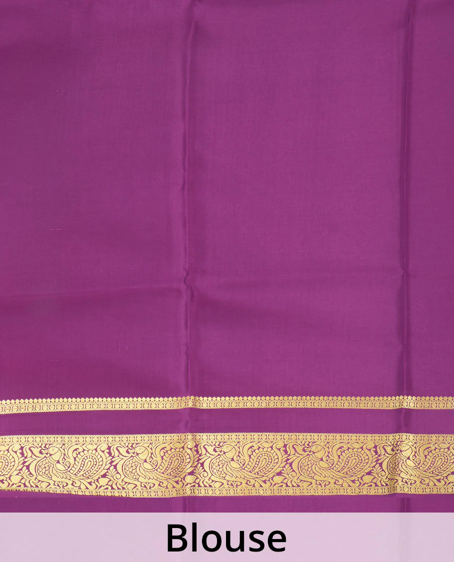 Green plain Mysore silk saree, contrast traditional zari rettai pettu border, and pallu of jaal design - Image 5