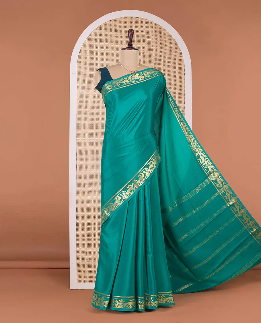 Green plain Mysore silk saree, peacock motifs zari border l, and zari striped pallu - Image 2