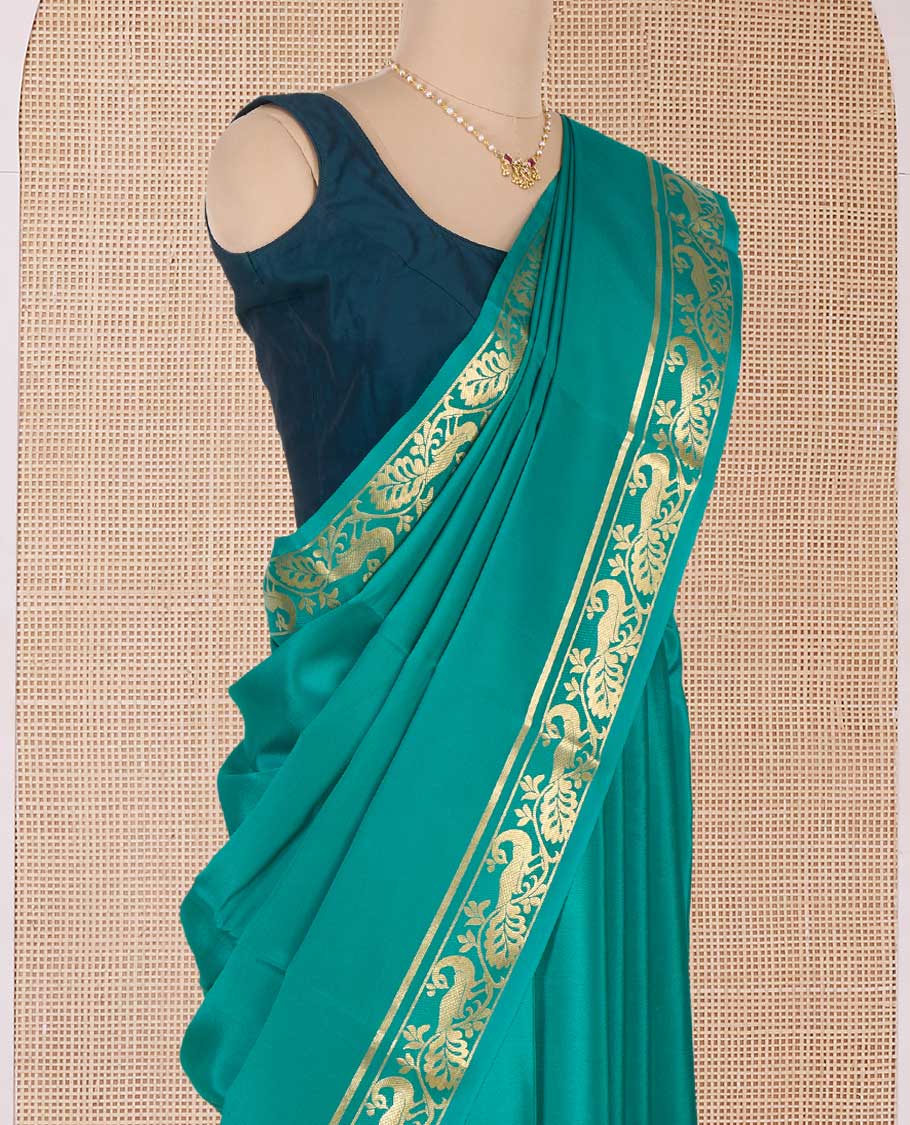 Green plain Mysore silk saree, peacock motifs zari border l, and zari striped pallu - Image 3