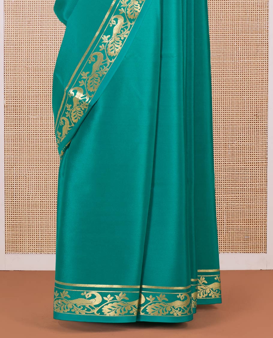 Green plain Mysore silk saree, peacock motifs zari border l, and zari striped pallu - Image 4