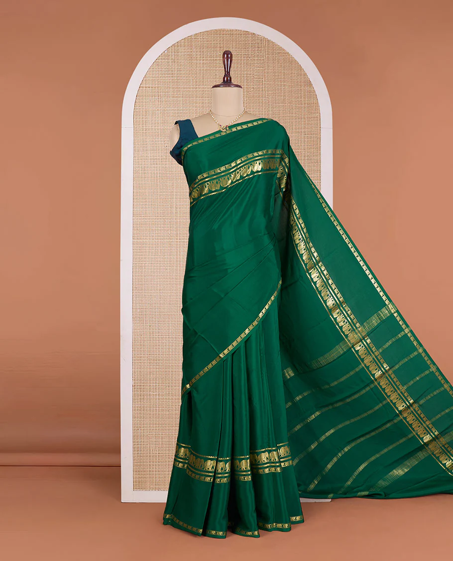 Green plain Mysore silk saree, rettai pettu traditional zari border of elephant motifs, and zari striped pallu - Image 2