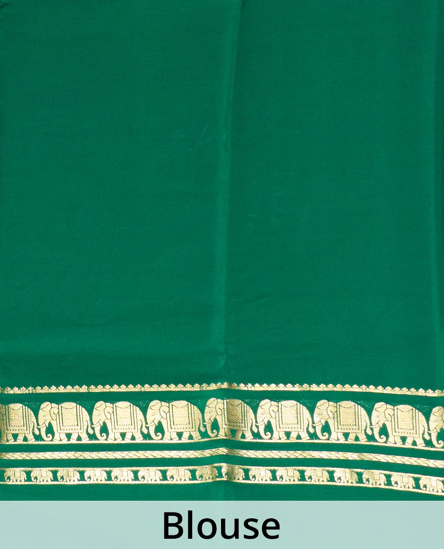 Green plain Mysore silk saree, rettai pettu traditional zari border of elephant motifs, and zari striped pallu - Image 5