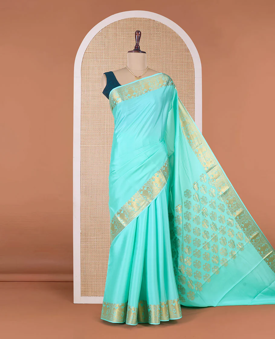 Green plain Mysore silk saree, two-headed eagle motifs zari border, and pallu - Image 2